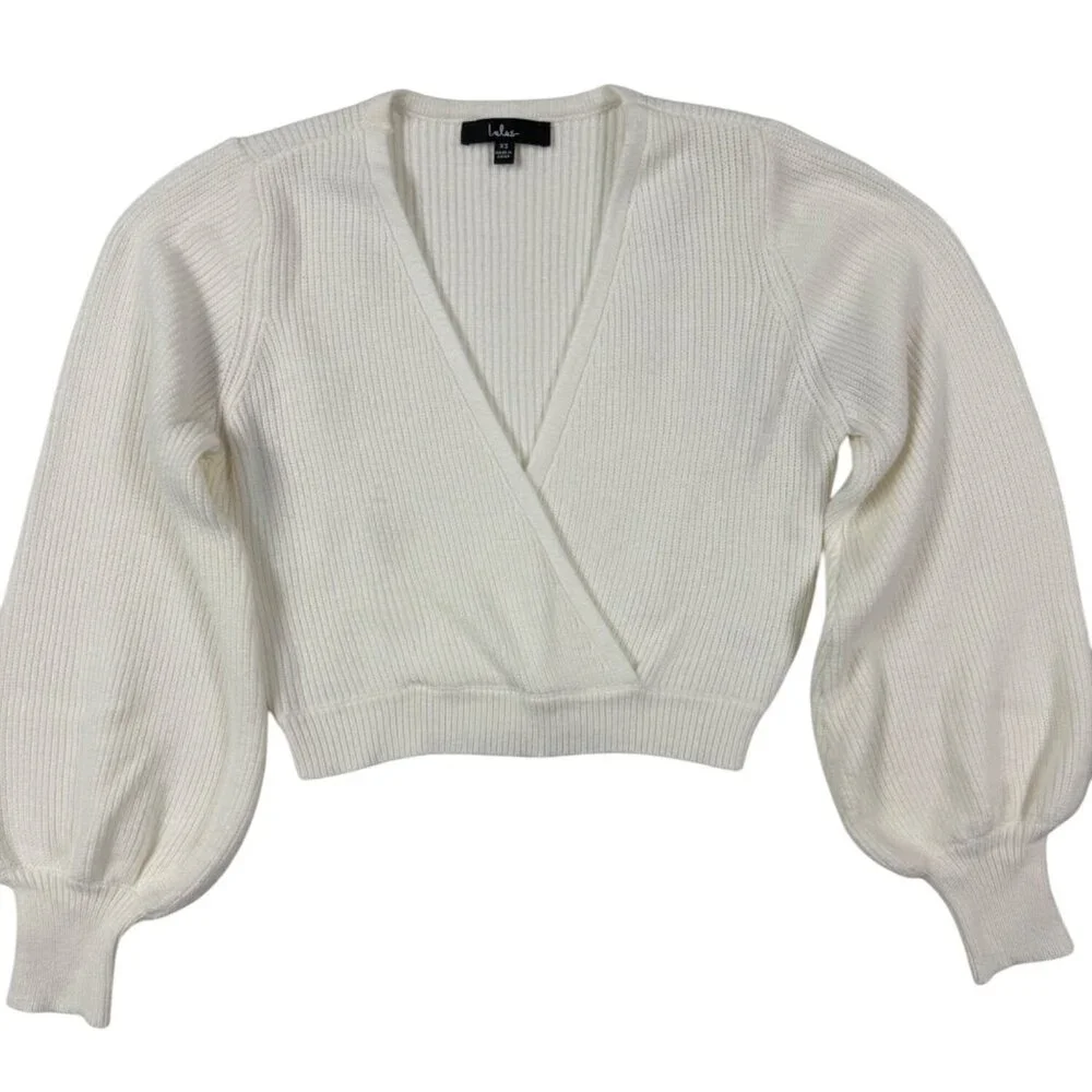 XS Lulus Pullover Fit For Fall Ivory Surplice Balloon Sleeve Sweater - Picture 2 of 10